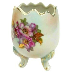 Vintage INARCO Footed Porcelain Egg Vase Roses Gold Accents 1962 Japan 7341